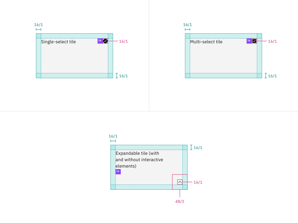 Structure and measurements for single-select, multi-select, and expandable tiles